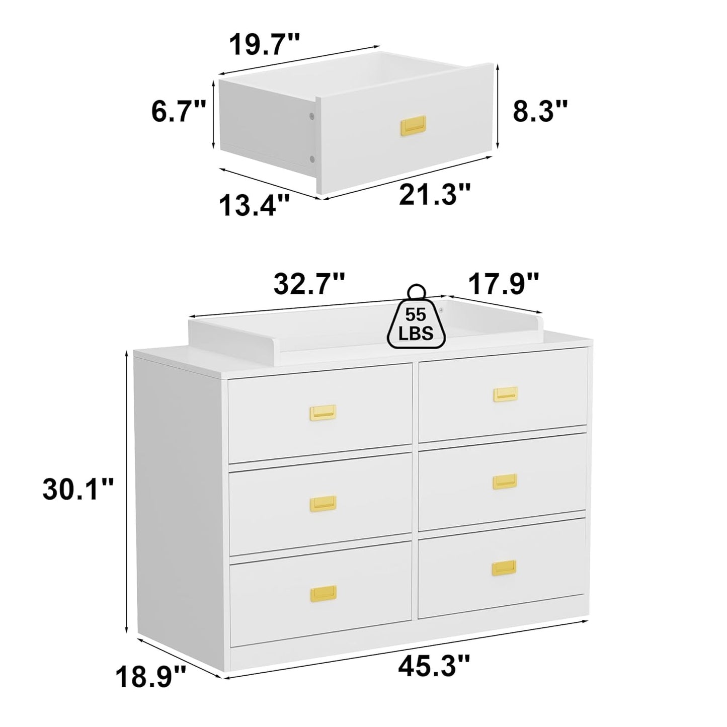 6 Drawer Baby Dresser, Nursery Dresser with Changing Topper, Long Cabinet for Infant Cloth Organize, Changing Station for Nursery and Kids Bedroom Storage, White (45.3" W x 18.9" D x 30.1" H)