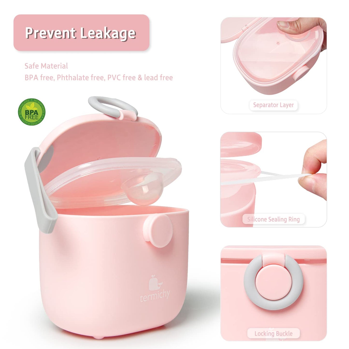 Termichy Baby Formula Dispenser, Portable Milk Powder Dispenser Container with Carry Handle and Scoop for Travel Outdoor Activities with Baby Infant, 8.8OZ, 0.55LB, 250g, 500ml (Pink)