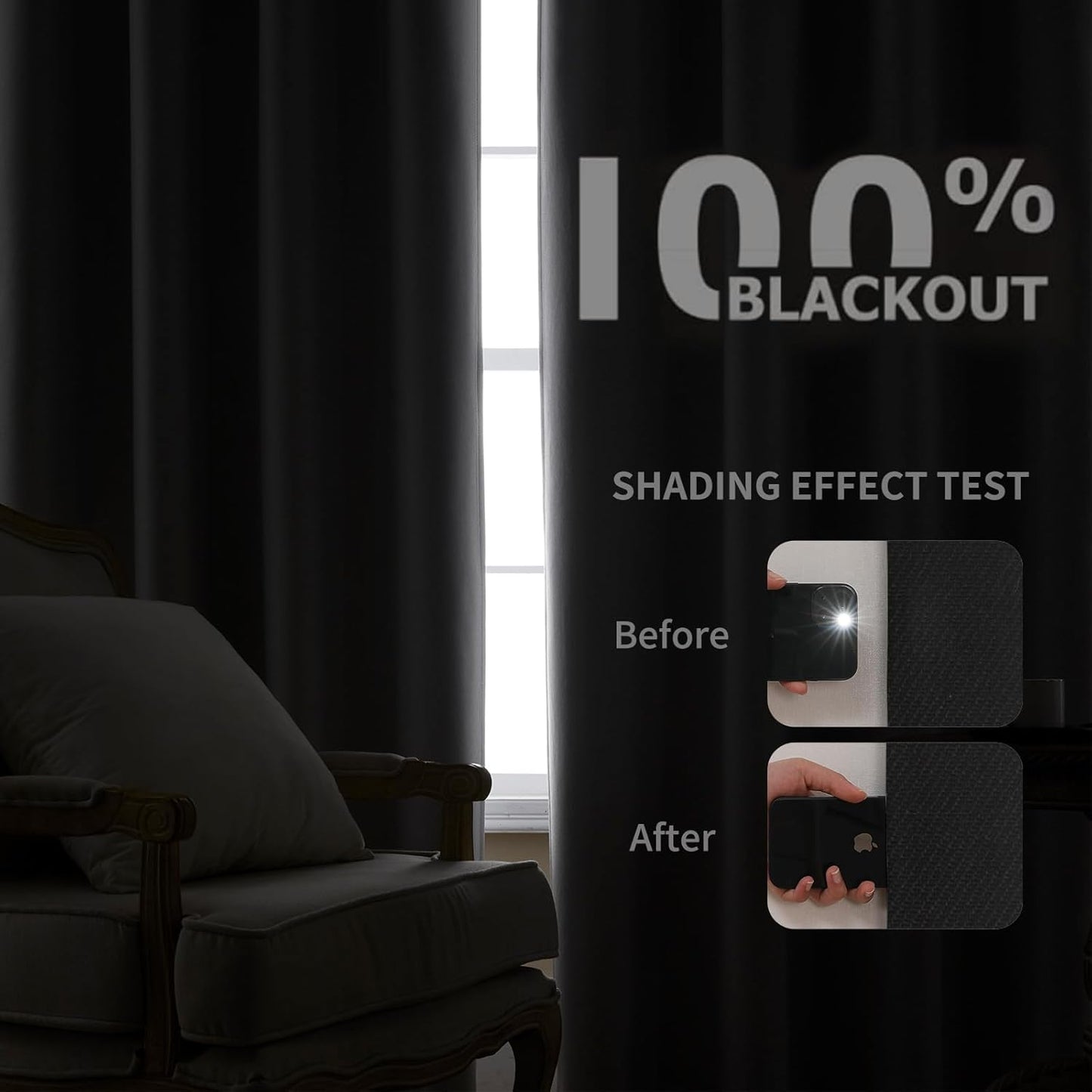 Joydeco 100% Blackout Curtains 90 Inches Long 2 Panels Set, Thermal Insulated Long Curtains& Drapes 2 Burg, Room Darkening Drapes for Bedroom Living Room Window (Black, W52 x L90 Inch)