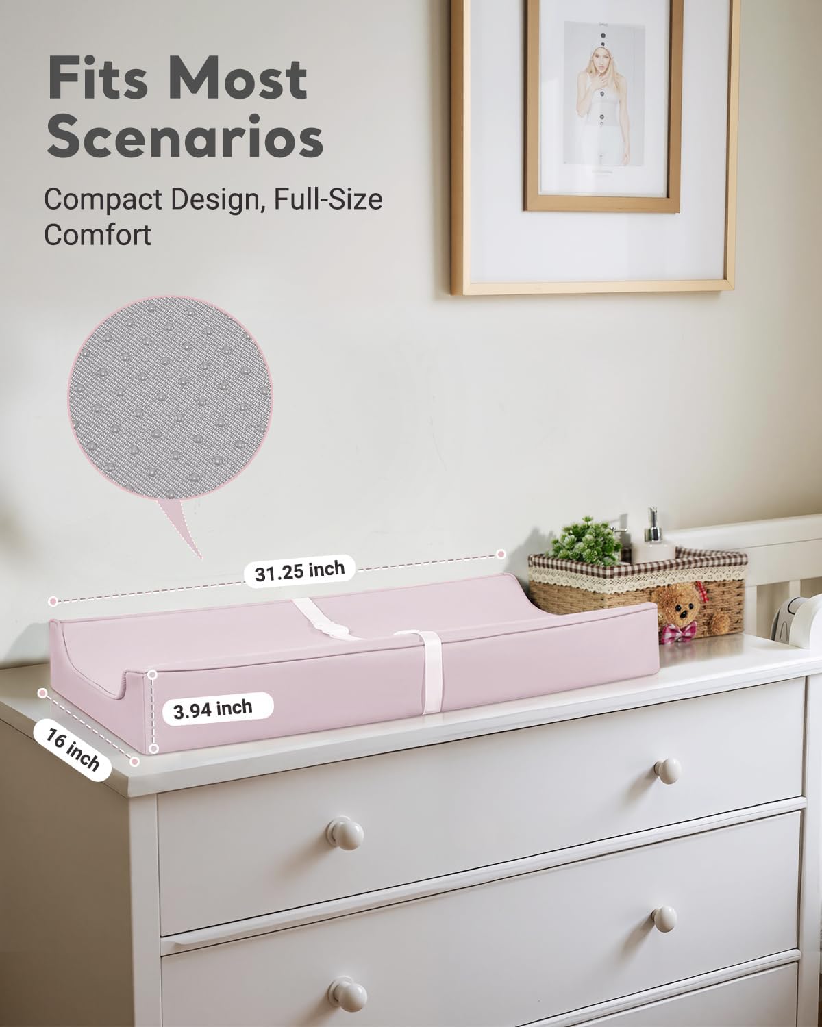 Vegan Leather Waterproof Baby Changing Pad - Wipeable, Extra Thick & Portable & Non-Slip Diaper Mat for Dresser, Crib, Travel | Soft & Safe (Pink)