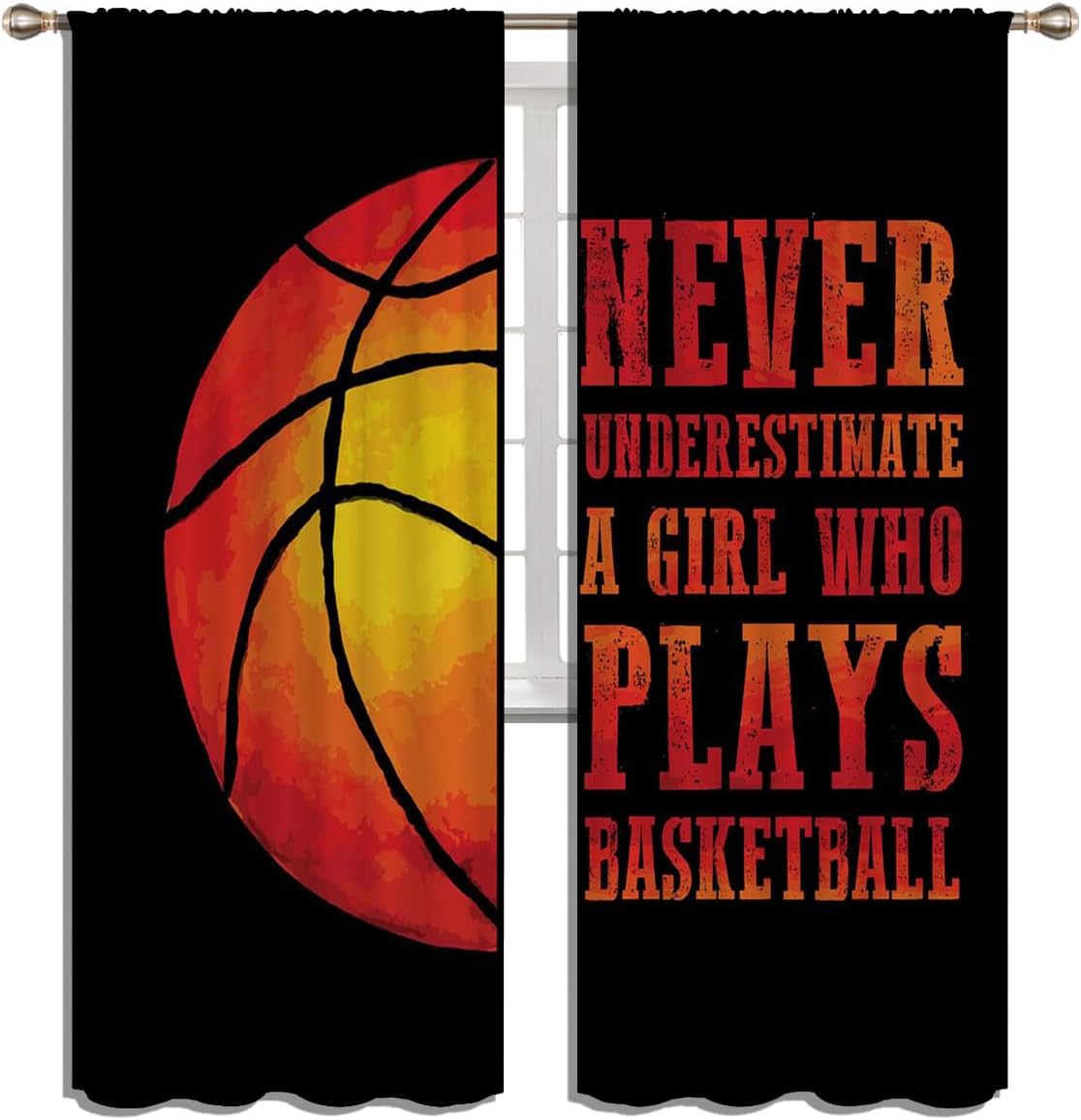 Red Basketball Blackout Curtains for Boy Girl Room Darkening Decor,Sport Theme and Motto Dark Background Bedroom Living Room Home Rod Pocket Thermal Insulated Window Curtain/Drapes Panel,84x72 Inch…