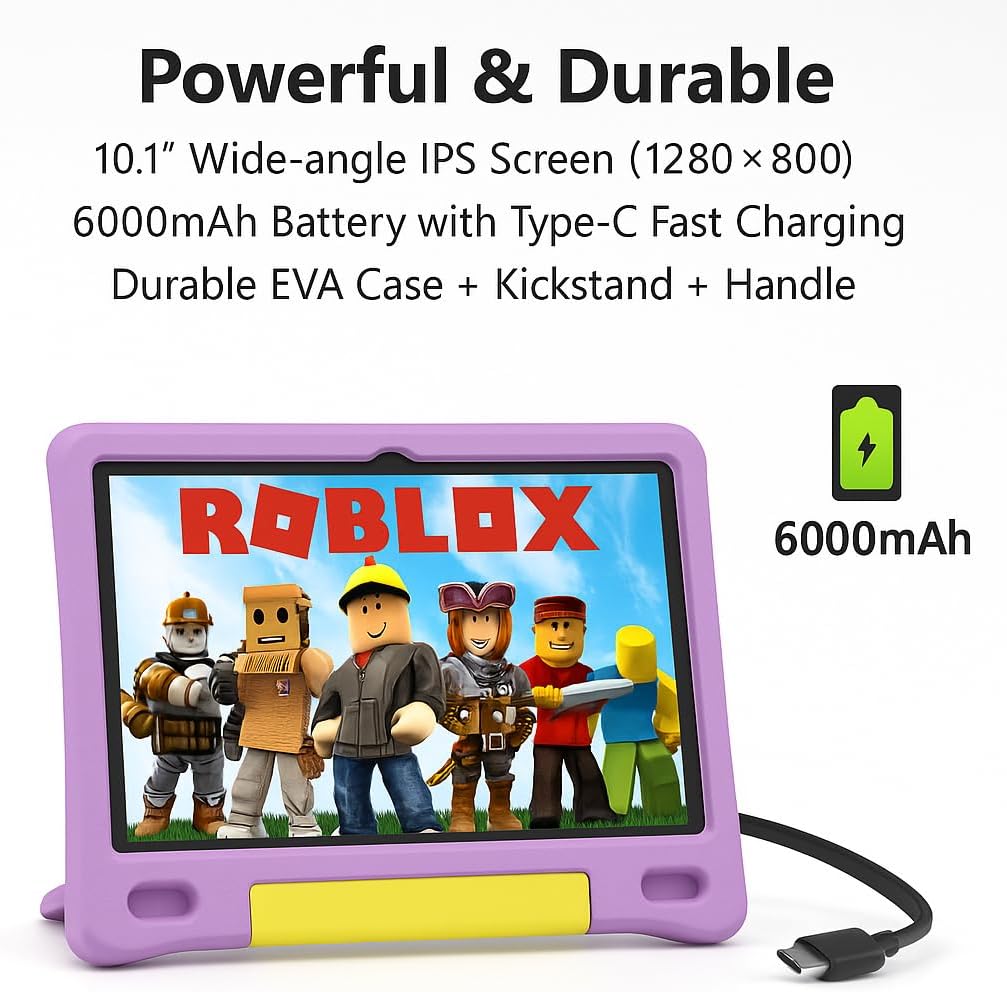 10.1 Inch Kids Tablet with Shockproof Case | Android 14, 64GB+8GB RAM, 12H Battery | Parental Control, Google Kids Space & Preloaded Educational Apps | WiFi 6, HD Display, Ages 3-12