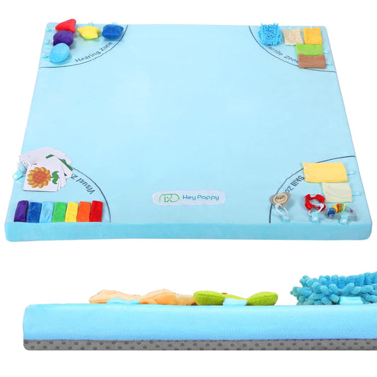 Baby Play Mat, 50''x50'' Playpen Mats with 4 Sensory Development Zones for Motor Skills, Unique Crawling Mats with Non-Slip Cushioned that Fits Nicely into Any Playroom, Blue