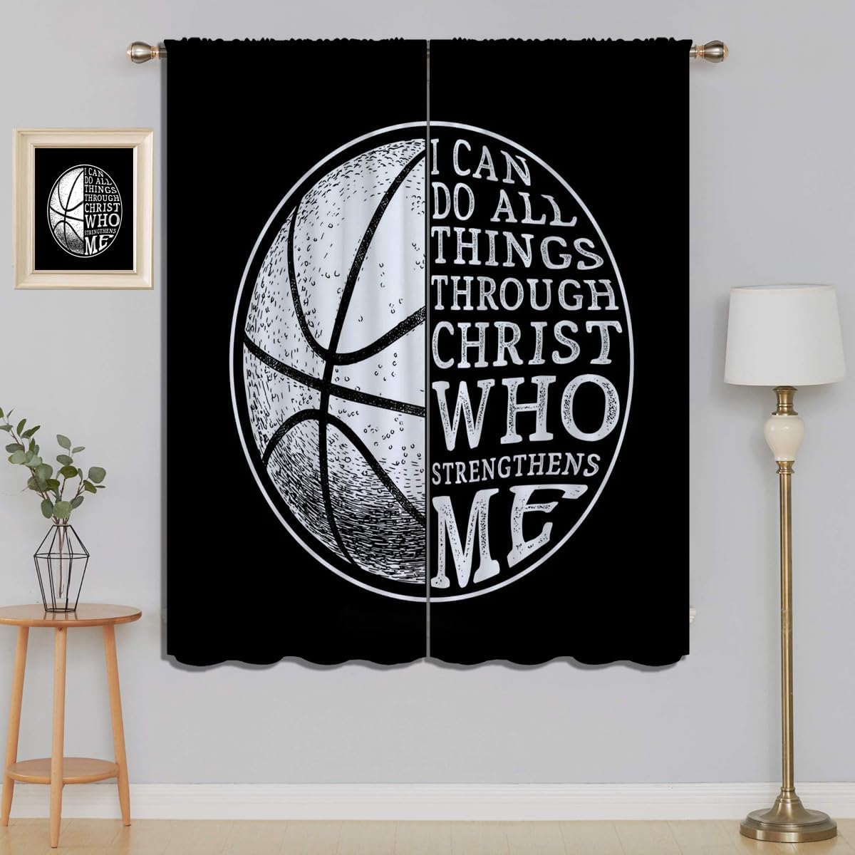 Basketball Blackout Curtains for Boy Girl Room Darkening Decor,Sport Theme and White Motto Dark Background Bedroom Living Room Home Rod Pocket Thermal Insulated Window Curtain/Drapes Panel,84x63 Inch…