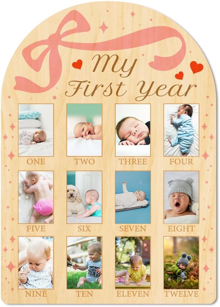 ORIGACH My First Year Baby Growth Photo Display Wood Board - 12 Months Newborn Milestones Photo Board - Neutral Baby Keepsake Frame 1st Birthday Party Nursery Decor New Mom Gift - Bow & Heart