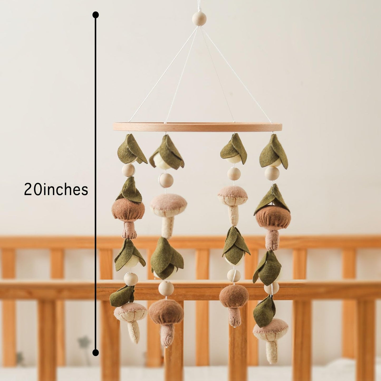 Baby Mobile for Crib,Crib Mobile for Boys Girls, Soft Crib Toys Hanging，Baby Mobile for Bassinet，Boho Nursery Decor Neutral（Mushroom，Leaves,Cotton）