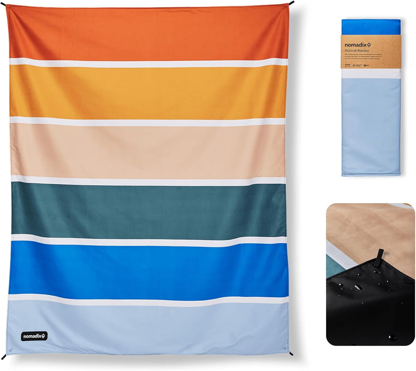 Nomadix Festival Blanket - Perfect for Picnics, Camping, & Lawn Seating - Plush Top & Water Resistant Base - Made with Post Consumer Recycled Materials - Stripes Retro - 60:x 70"