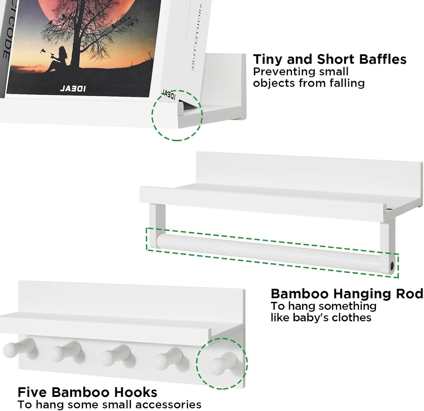 Ollieroo Set of Four Floating Book Shelves for Wall, Nursery Book Shelf for Kids Room, Bamboo Wood Hanging Bookshelf for Baby Teen Boys Girls, Wall Mounted Shelves for Bedroom Bathroom Decor(White)