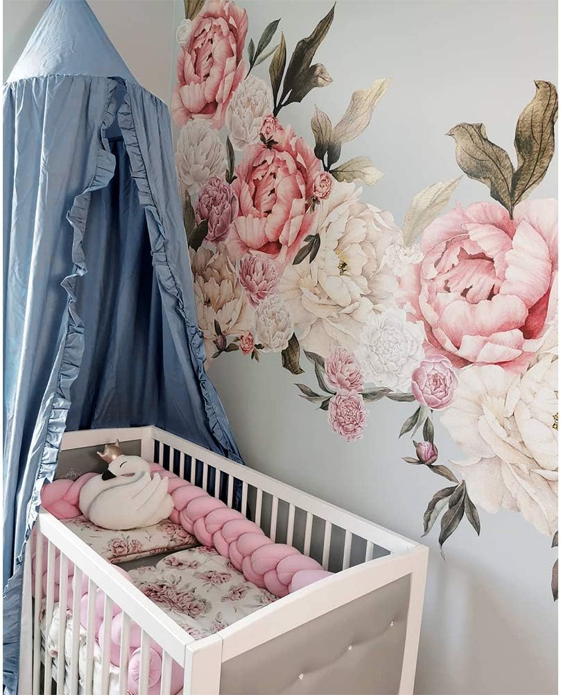 Bed Canopy with Frills Reading Nook Game Tent for Kids Boho Hanging Net Play Room Decor(Blue)