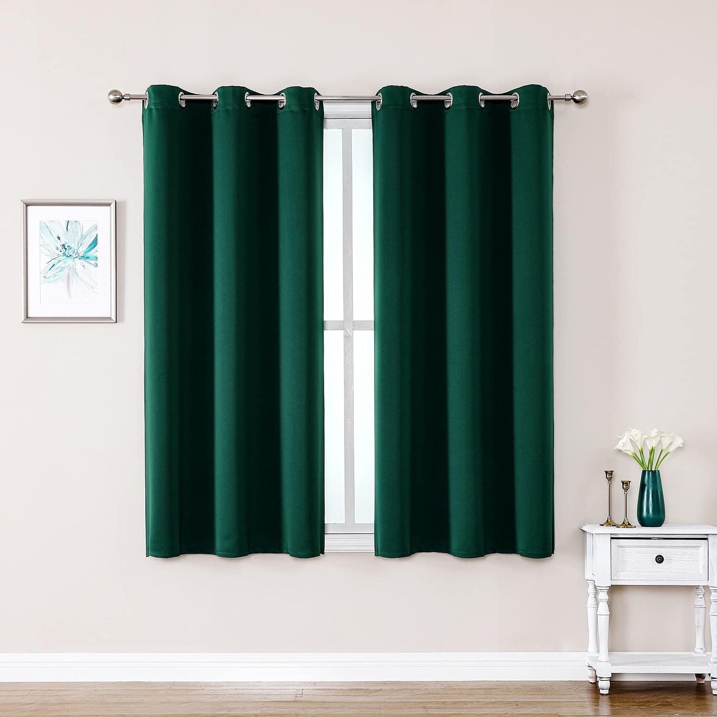 ChrisDowa Small Window Curtains 40 inches Long for Bedroom - Grommet Short Thermal Insulated Room Darkening Curtains for Kitchen (2 Panels, Forest Green, 29 x 40 Inch)