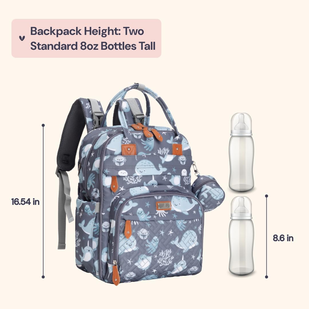 BabbleRoo Diaper Bag Backpack - Baby Essentials Travel Tote - Multi Function Waterproof Diaper Bag, Travel Essentials Baby Bag with Changing Pad, Stroller Straps & Pacifier Case - Unisex, Sea Animals