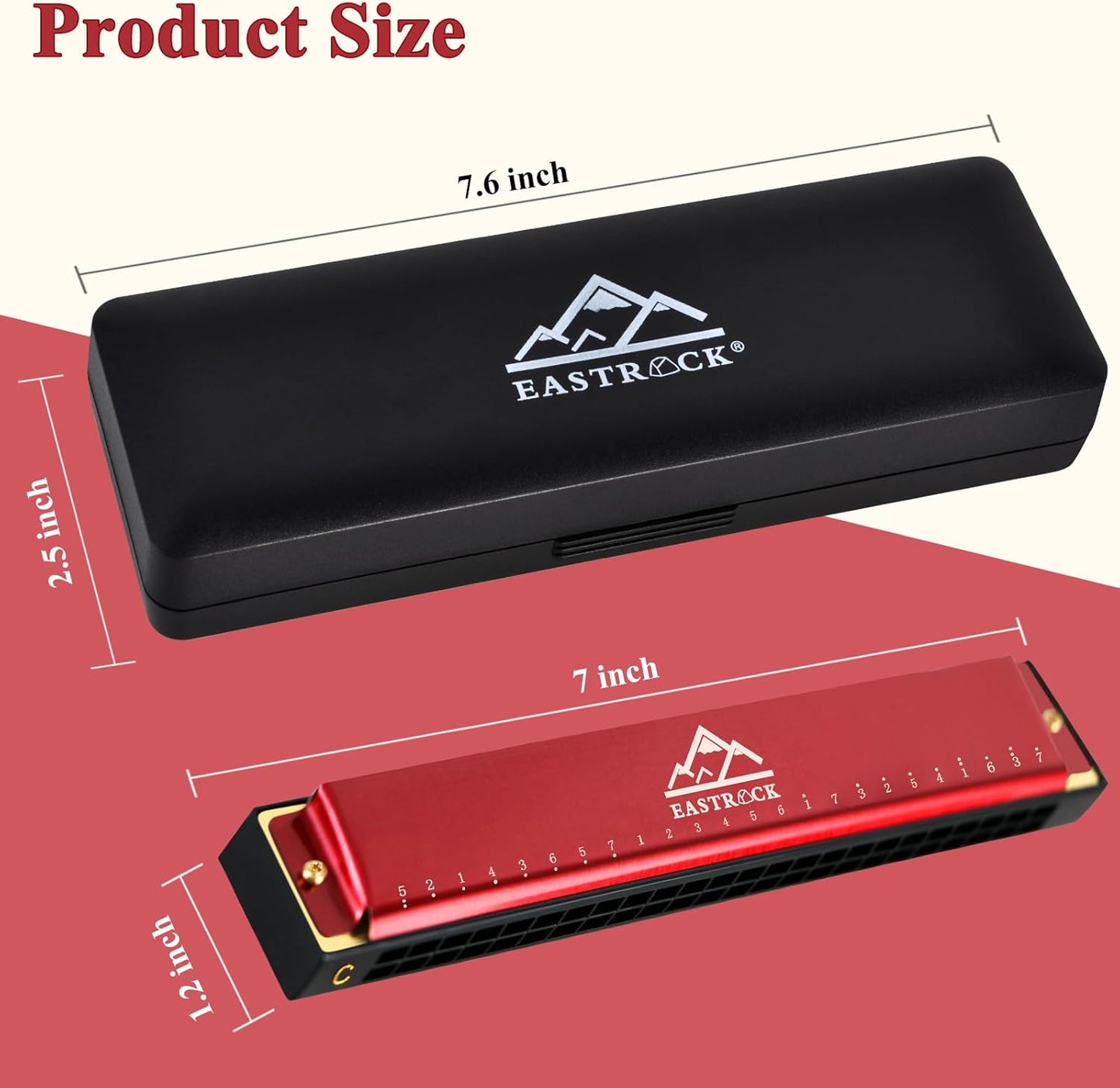EastRock Blues Harmonica 24 Hole C Key with Case, Mouth Organ Harp, Diatonic Harmonica for Beginner（Red)