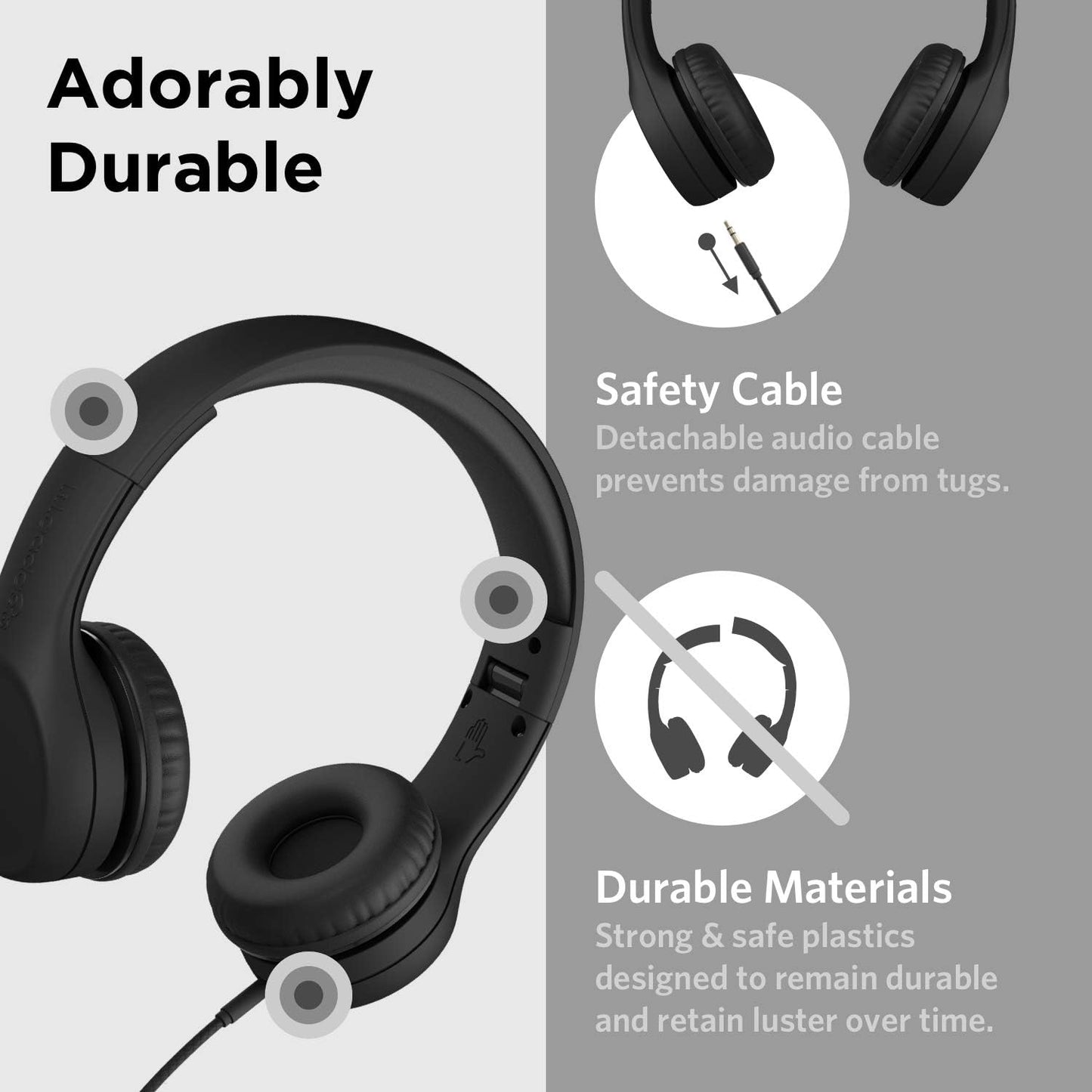 LilGadgets Connect+ Wired Kids Headphones for School with Mic, Volume Limited & Noise Reduction, On-Ear Headset with Cord, SharePort Technology for Multiple Kids & SoftTouch Padding, Black