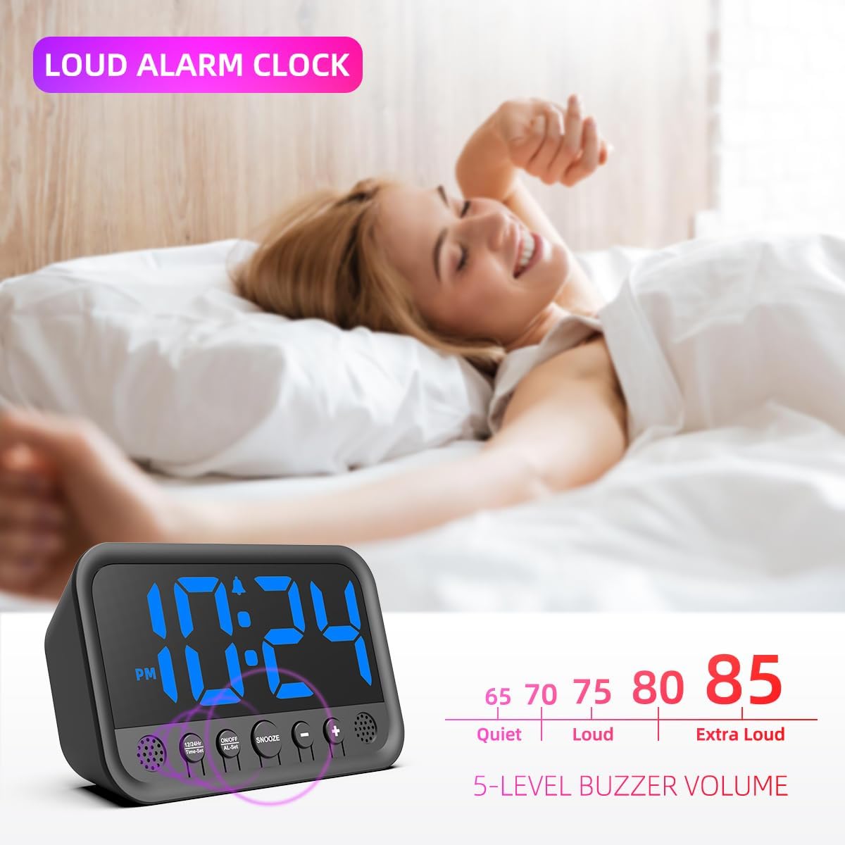 Small LED Digital Clock for Bedroom, Loud Alarm Clock for Heavy Sleepers Adults, Teens | Plug-In Electric Desk Clock | Simple Bedside Nightstand Clock with Adjustable Volume/Brightness/Snooze – Blue