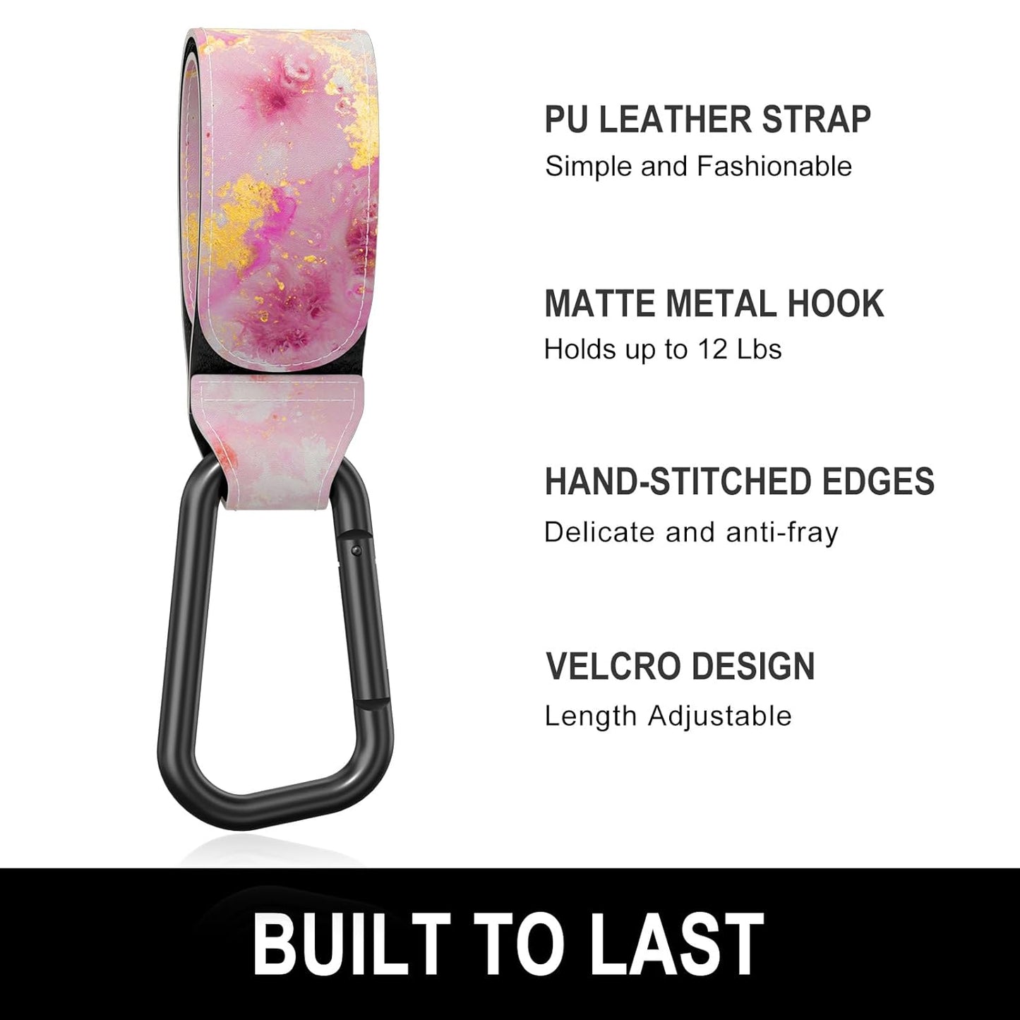 Baby Stroller Hooks for Hanging Bags, Universal Stroller Clips Accessories, Mommy Hook for Diaper Bag, Shopping Cart, Purse, Backpack - 2 Pack, Pink Gold Marble