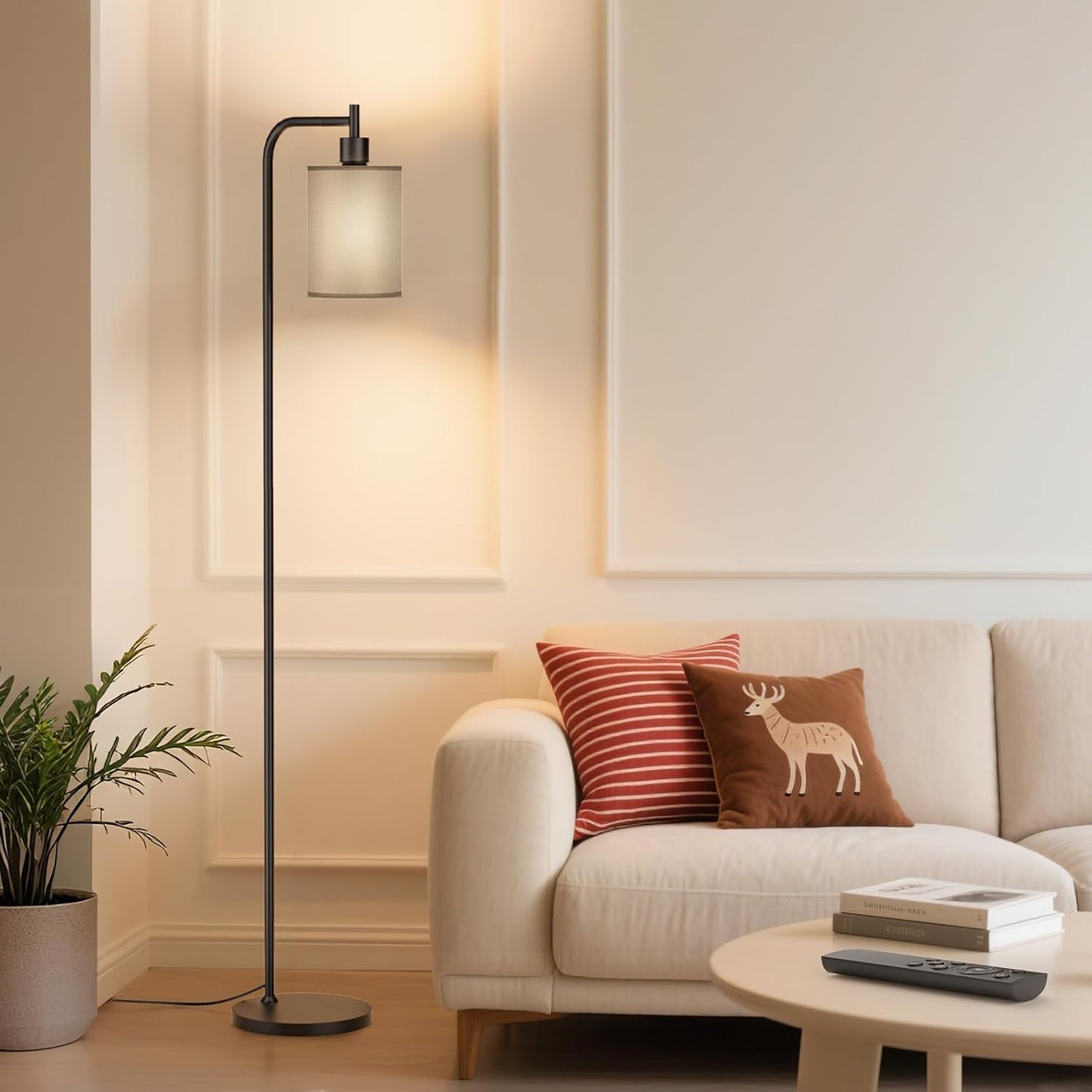 Floor Lamp with Linen Shade, Dimmable Tall Standing Lamp with Remote Control & 3 Color Temperatures, Modern Floor Lamps for Living Room Bedroom Office Corner, 9W LED Bulb Included