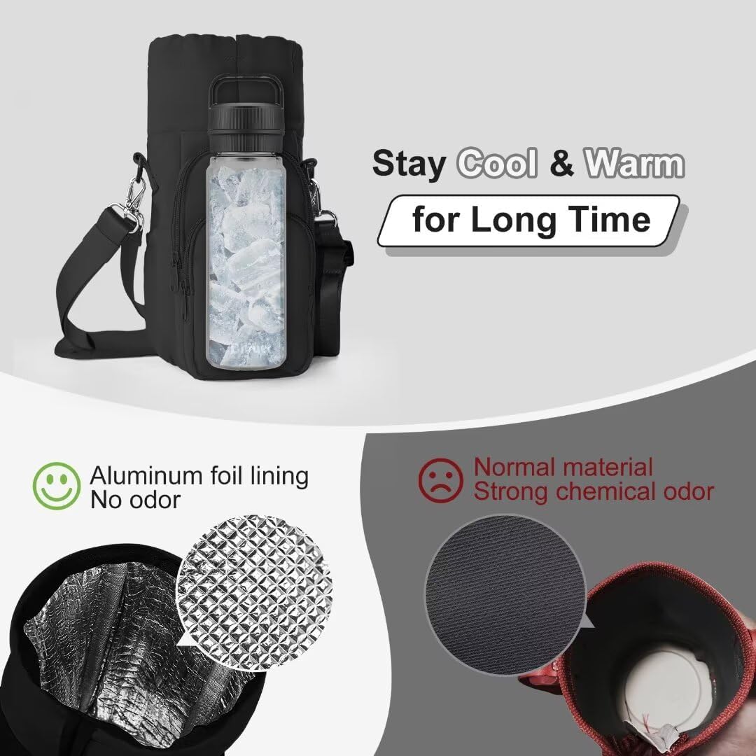 Water Bottle Holder with Strap, 4 Big Pockets with Compartment, 24oz/32oz/40oz Crossbody Water Bottle Carrier Bag