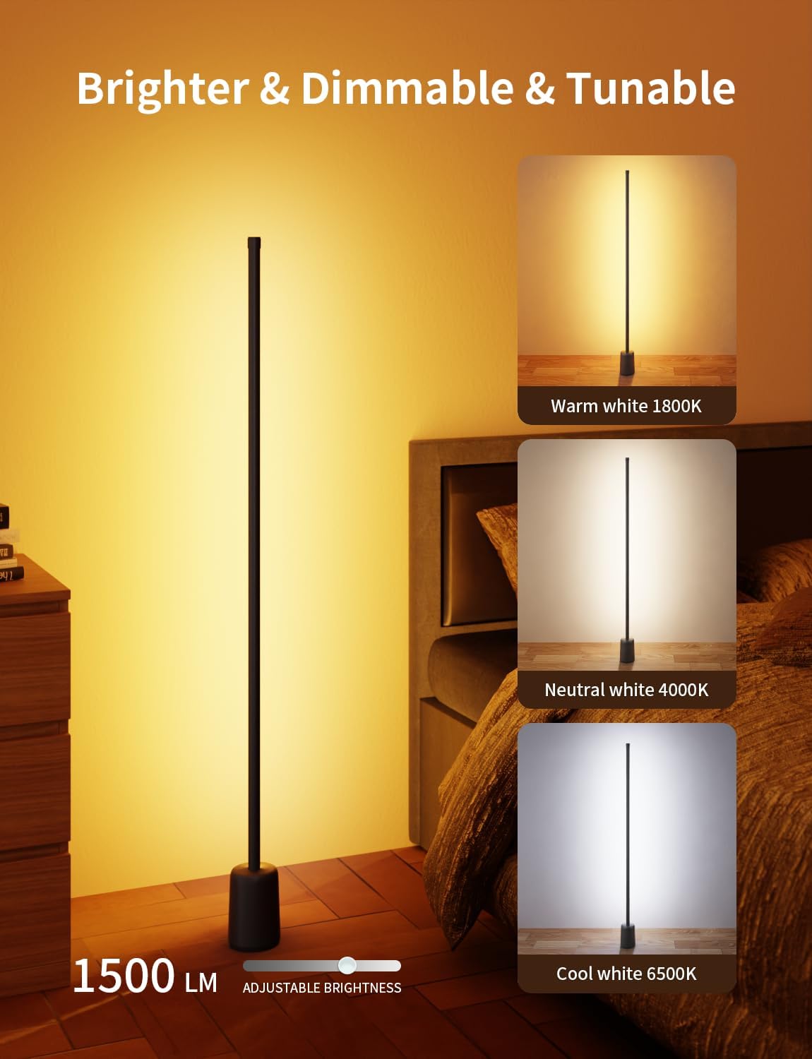 Ailofy Corner Floor Lamp, 1500lm RGBW Corner Lamp Work with Alexa & Google Assistant, 16 Million DIY Colors, Sync with Music, App Control, Modern LED Floor Lamp for Living Room & Bedroom, Black