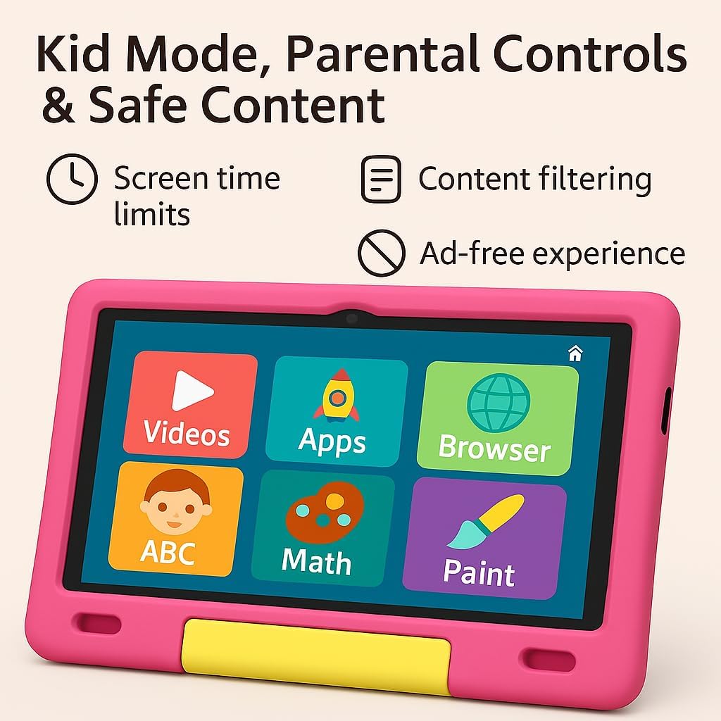 10.1 Inch Kids Tablet with Shockproof Case | Android 14, 64GB+8GB RAM, 12H Battery | Parental Control, Google Kids Space & Preloaded Educational Apps | WiFi 6, HD Display, Ages 3-12