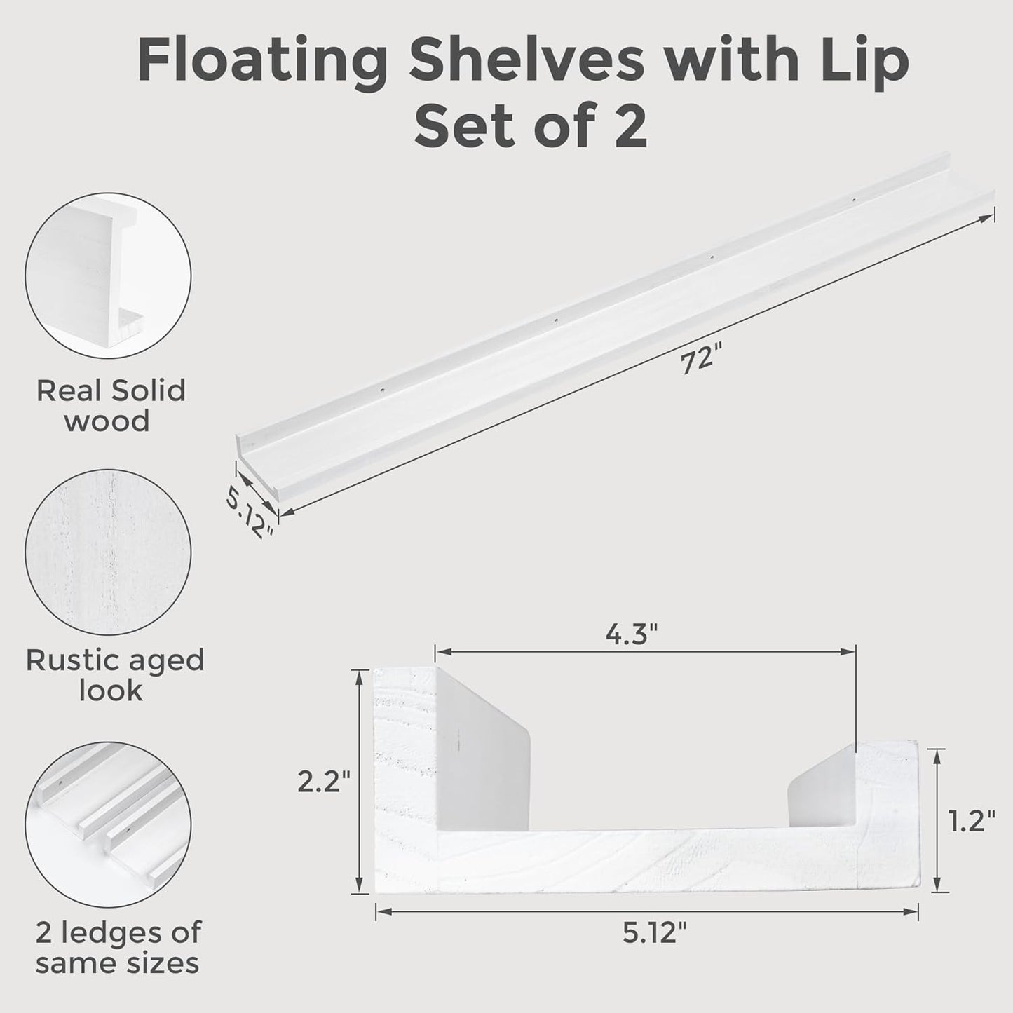 Fun Memories 72 Inch White Picture Shelves for Wall with Ledge, Natural Wood Floating Shelves with Lip, Set of 2, Farmhouse Rustic Wall Shelf Photo Shelf Nursery Bookshelf for Living Room, Kids Room