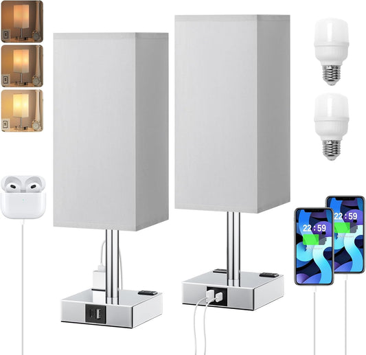 Touch Bedside Table Lamp Set of 2-3-Way Dimmable Night Lamp with USB A + Type C Charging Ports and Two AC Outlets, Small Desk Light with E26 LED Bulb for Bedroom Living Room Dorm Office