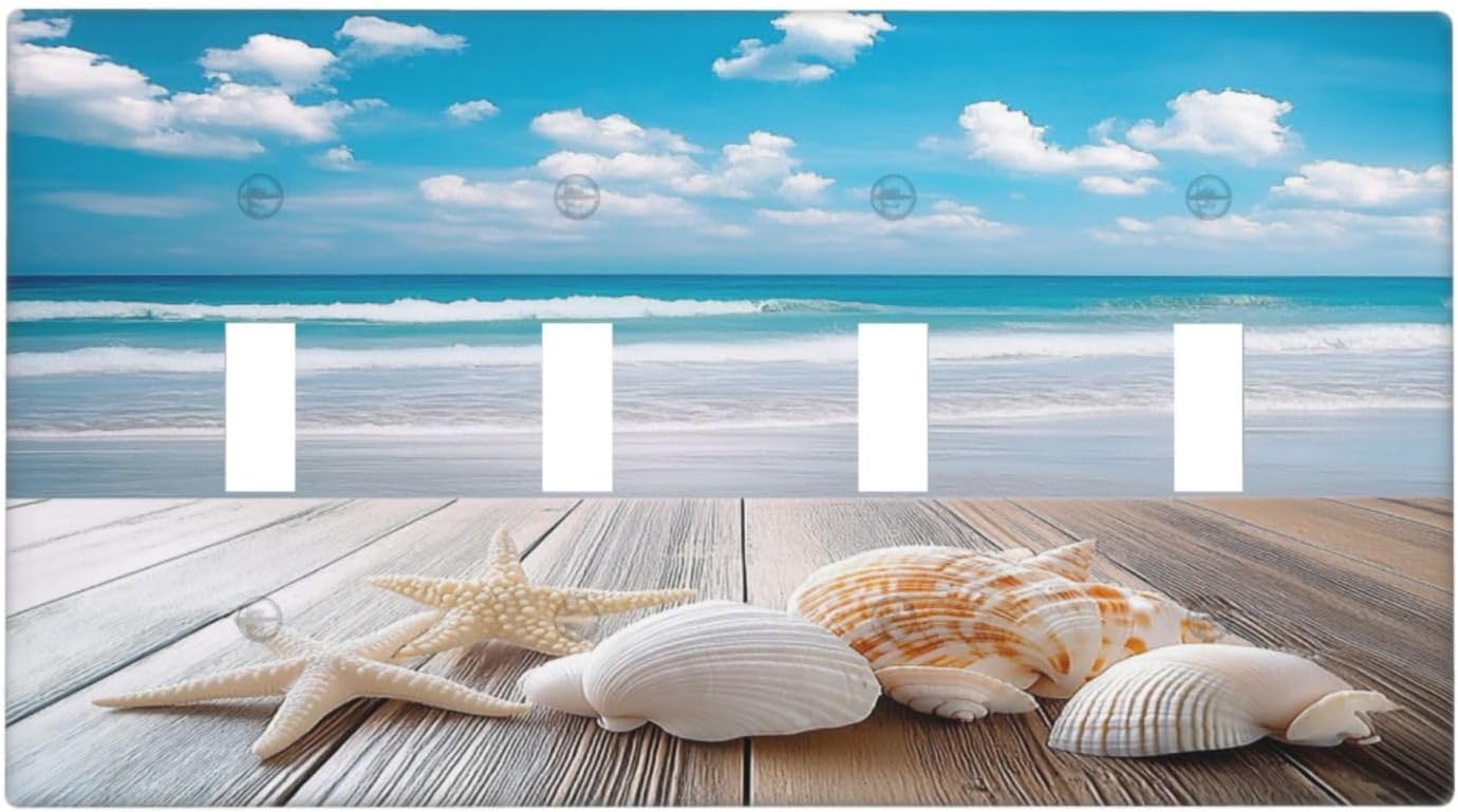 Light Switch Covers Beach Waves Brown Wood Starfish Shells Quad Toggle Electrical Faceplate 4 Gang Wall Plate Decorative Switch Plates For Bathroom Living Room Decor