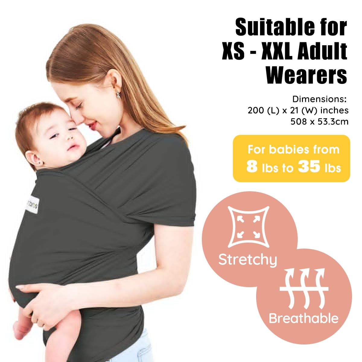 Acrabros Baby Wrap Carrier,Hands Free Baby Carrier Sling,Lightweight,Breathable,Softness,Perfect for Newborn Infants and Babies Shower Gift,Dark Grey