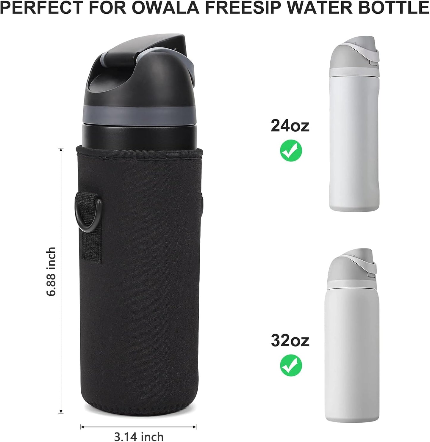 Neoprene Water Bottle Carrier Bag with Adjustable Shoulder Strap for Owala 24 OZ Tumbler, Insulated Water Bottle Cover for Owala FreeSip Insulated Water Bottle (Black, 24 OZ)