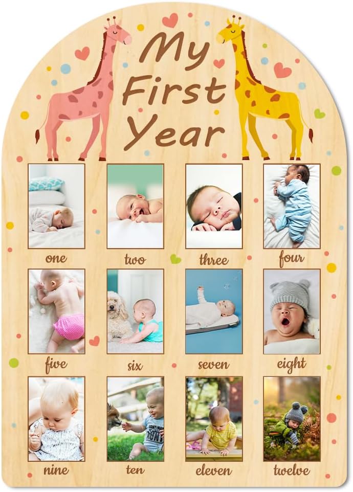 ORIGACH My First Year Baby Growth Photo Display Wood Board - 12 Months Newborn Milestones Photo Board - Neutral Baby Keepsake Frame 1st Birthday Party Nursery Decor New Mom Gift - Giraffe