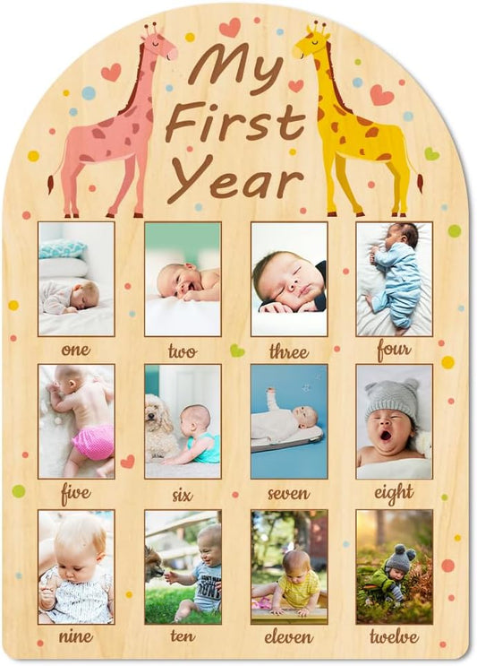 ORIGACH My First Year Baby Growth Photo Display Wood Board - 12 Months Newborn Milestones Photo Board - Neutral Baby Keepsake Frame 1st Birthday Party Nursery Decor New Mom Gift - Giraffe