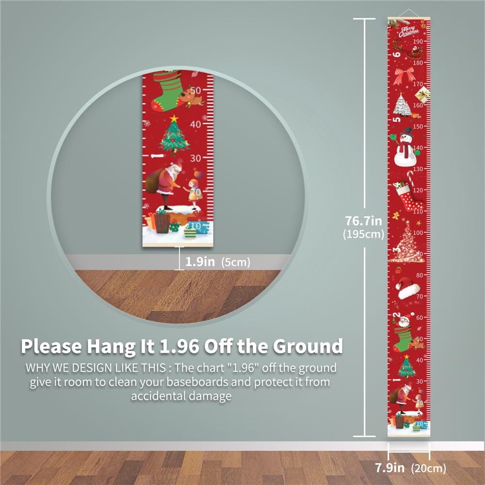 Christmas Decorations, Growth Chart for Wall, Height Chart for Kids, Xmas Nursery Decor, Hanging Ruler Wall Decor, Baby Room Decor, Christmas Gifts for Boys Girls - 76.7 x 7.9 inch with Beige Wood