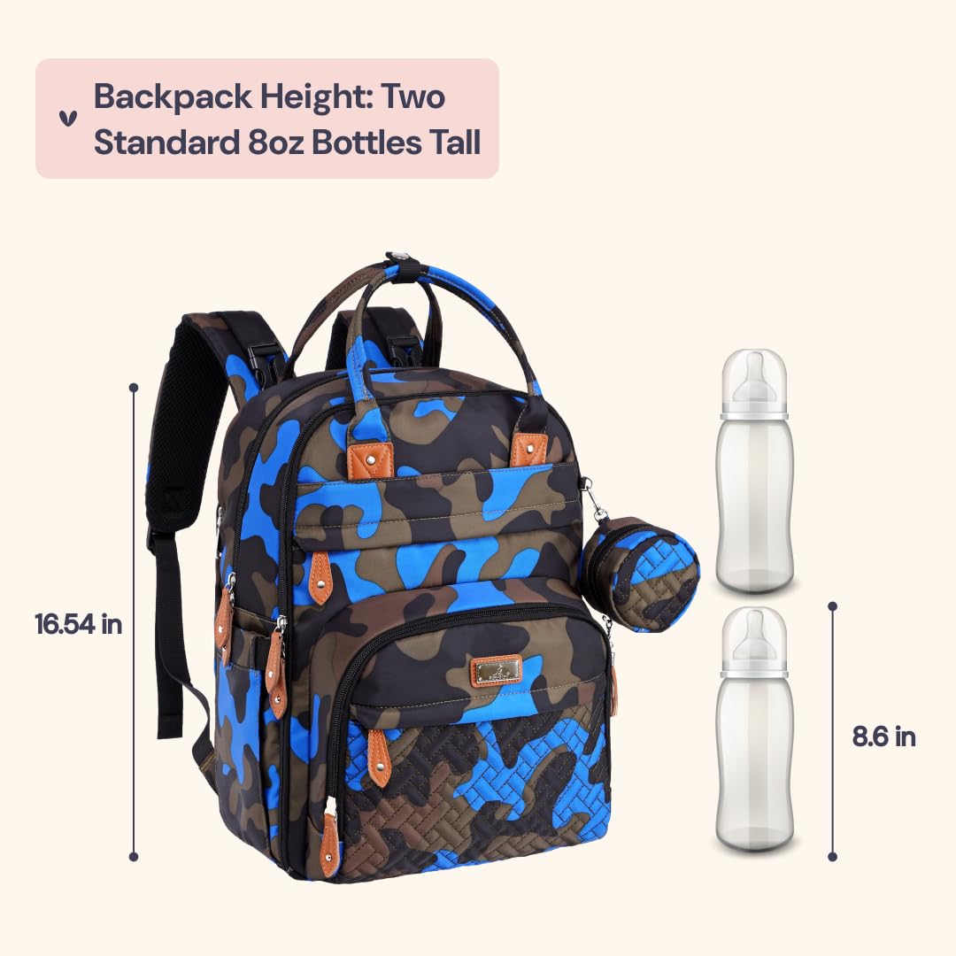 BabbleRoo Diaper Bag Backpack - Baby Essentials Travel Tote - Multi function Waterproof Diaper Bag, Travel Essentials Baby Bag with Changing Pad, Stroller Straps & Pacifier Case - Unisex, Blue Camo