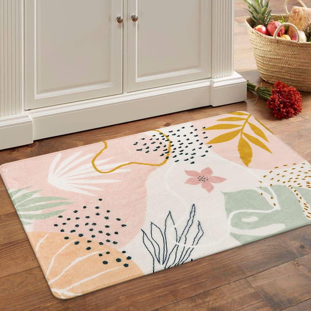 Lahome Pink Washable Entryway Rugs Indoor - 2x3 Small Non-Slip Kitchen Rug Soft Throw Rugs for Bedroom Girls Boho Botanical Print Floor Doormat Carpet for Bathroom Laundry Room Living Room Kids Room
