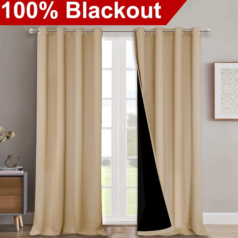 NICETOWN 100% Blackout Blinds, Set of 2, 46" x 96", Biscotti Beige, Laundry Room Decor Window Treatment Curtains for Large Patio Sliding Door, Thermal Insulated Curtains for Bedroom