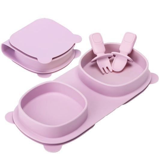 Silicone Foldable Novelty Dinner Plates,Suction Plates for Baby Travel Essential with Forks and Spoons,Microwave & Dishwasher Safe,Purple