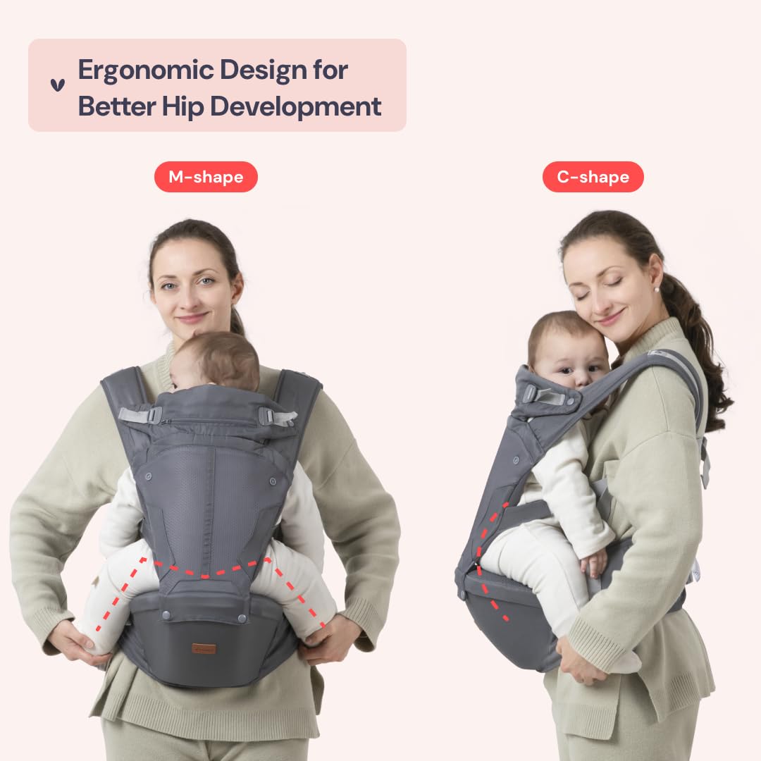 BabbleRoo Grow Carrier – Safety-Certified 6-in-1 Baby Carrier with Hip Seat, Ergonomic & Adjustable Toddler Carrier 7-50 lbs with Hip Support, Hood for Sun Protection, Newborn to Toddler, Gray