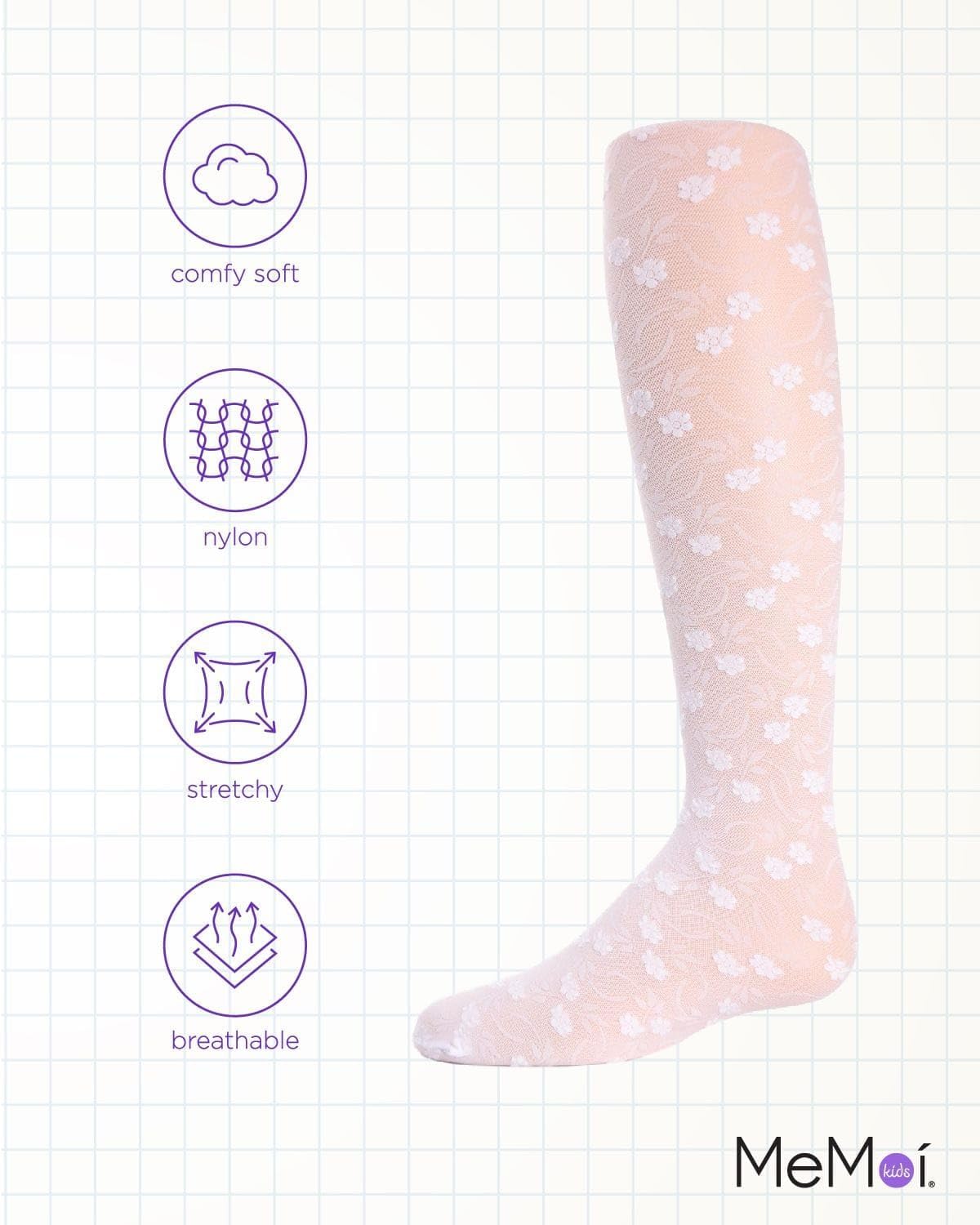 MeMoi Sweet Blossoms Sheer Tights for Girls, Ultra Soft and Lightweight Floral Lace Girls Tights - Sizes 2-14