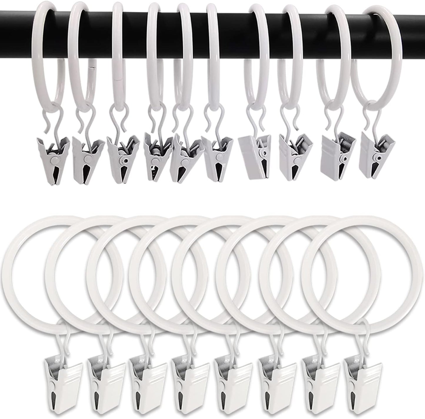 100 Pack White Curtain Rings with Clips, Curtain Hooks Hangers Clip Rings for Hanging Drapes Bows Hat, Drapery Rings 1.5 in I D, Fits up to 1.2 in Diameter Curtain Rod.