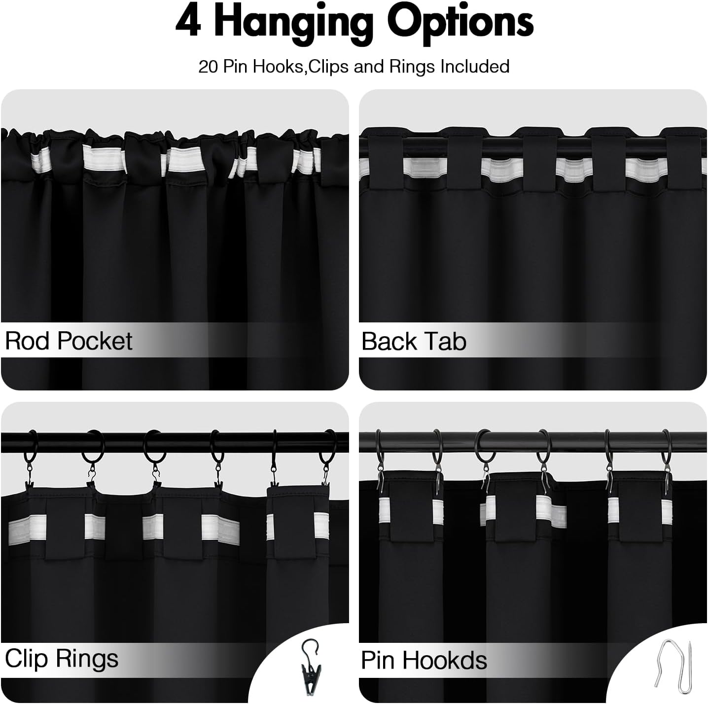 ANRODUO Back Tab Blackout Curtains for Bedroom Living Room, Rod Pocket Pinch Pleated Thermal Insulated Room Darkening Curtains 96 Inches Long 2 Panels, Black, 52 x 96 Inch