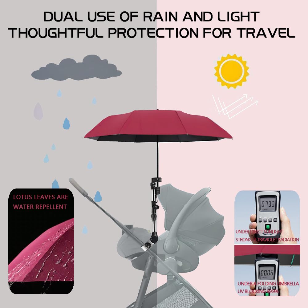 Universal Stroller Umbrella Attachment, 360° Adjustable Clamp, Sun and Rain Protection, for All Kinds of Strollers（Red）