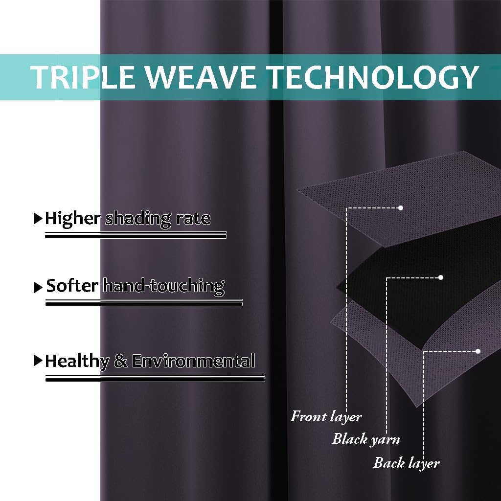 NICETOWN 100% Blackout Window Curtain Panels, Greyish Purple, 2 Pieces, 70" Wide Each Panel, Cold and Full Light Blocking Drapes with Black Liner for Nursery, 84" Drop Thermal Insulated Draperies