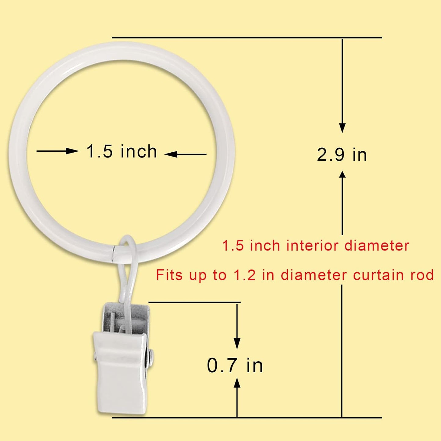 100 Pack White Curtain Rings with Clips, Curtain Hooks Hangers Clip Rings for Hanging Drapes Bows Hat, Drapery Rings 1.5 in I D, Fits up to 1.2 in Diameter Curtain Rod.