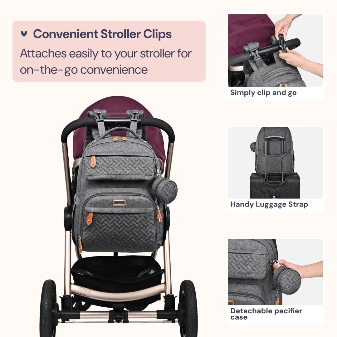 BabbleRoo Diaper Bag Backpack, Travel Backpack with Changing Pad, Pacifier Case & Stroller Straps, Multifunction, Waterproof, Unisex - Dark Gray