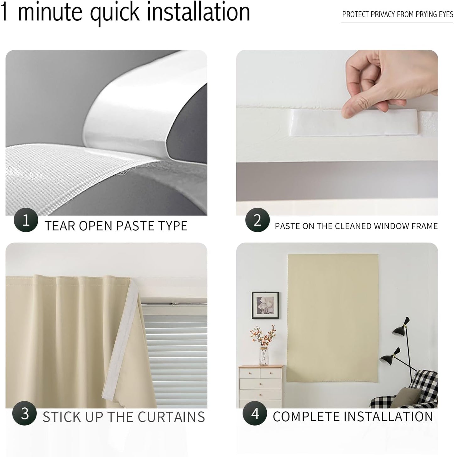 Self Adhesive Portable Blackout Curtains for Bedroom Easy to Install Window Thermal Lnsulated Kitchen Room Darkening Small Window Curtains, Cortinas Para Cuarto, 59"W X 59"L, Beige, 1 Panel