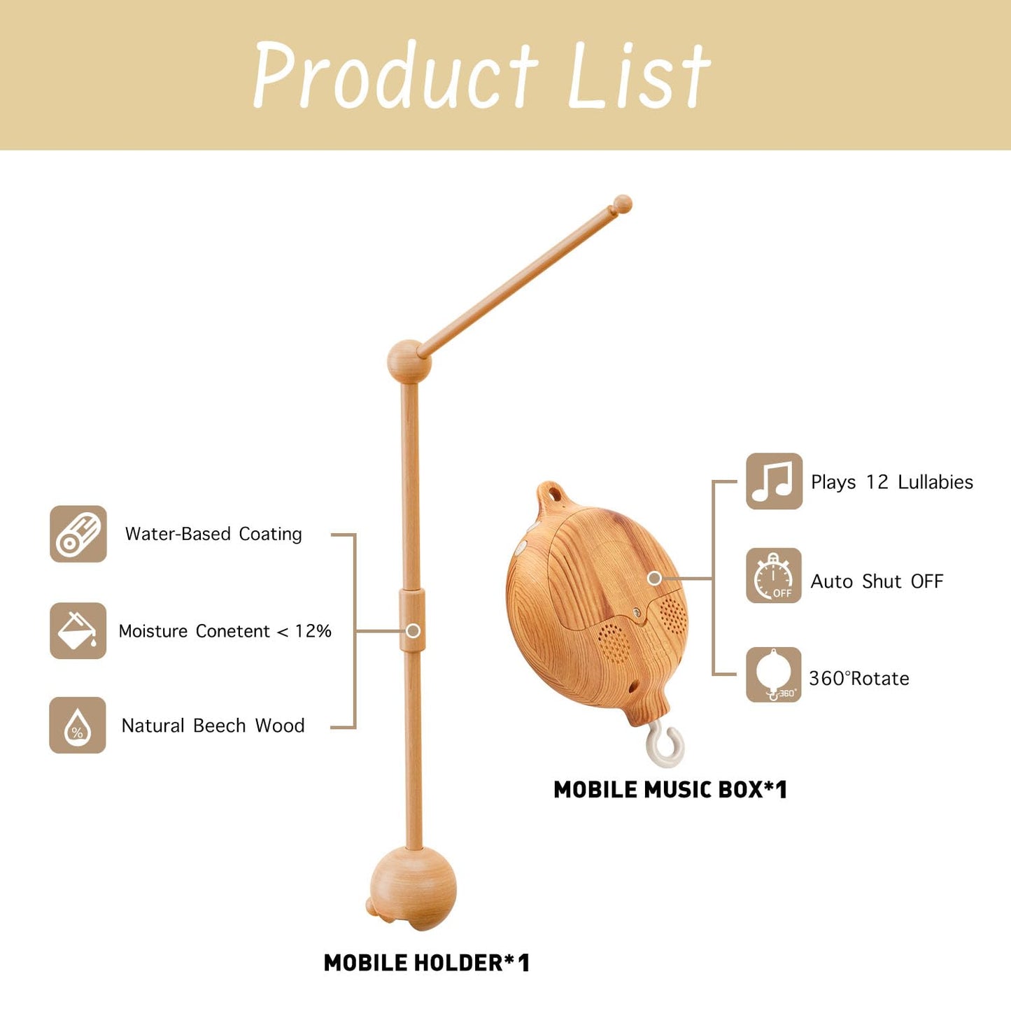 Crib Mobile Arm with Music Box,32.5 Inch Crib Mobile Stand,Wooden Mobile Arm for Crib (2 Modes,360°Adjustable,100% Beech Wood) Baby Crib Mobile for Boy and Girl