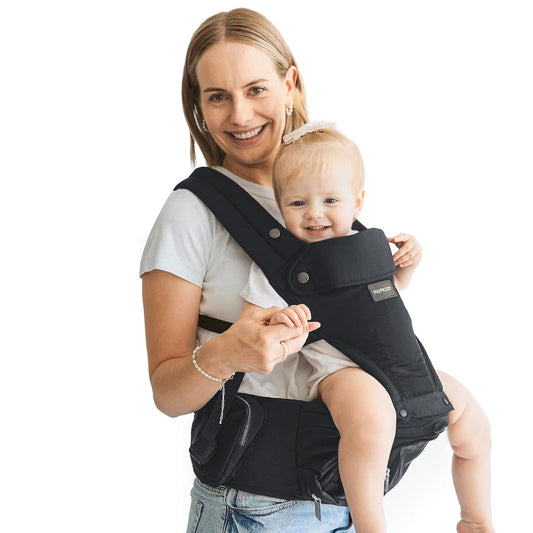 Momcozy Baby Carrier with Hip Seat, 2-in-1 Forward-Facing Carry for Active Babies, Detachable Hands-Free Infant Carrier up to 44lbs, All Seasons Toddler Carrier Fits Waist Sizes up to 45 Inches, Black