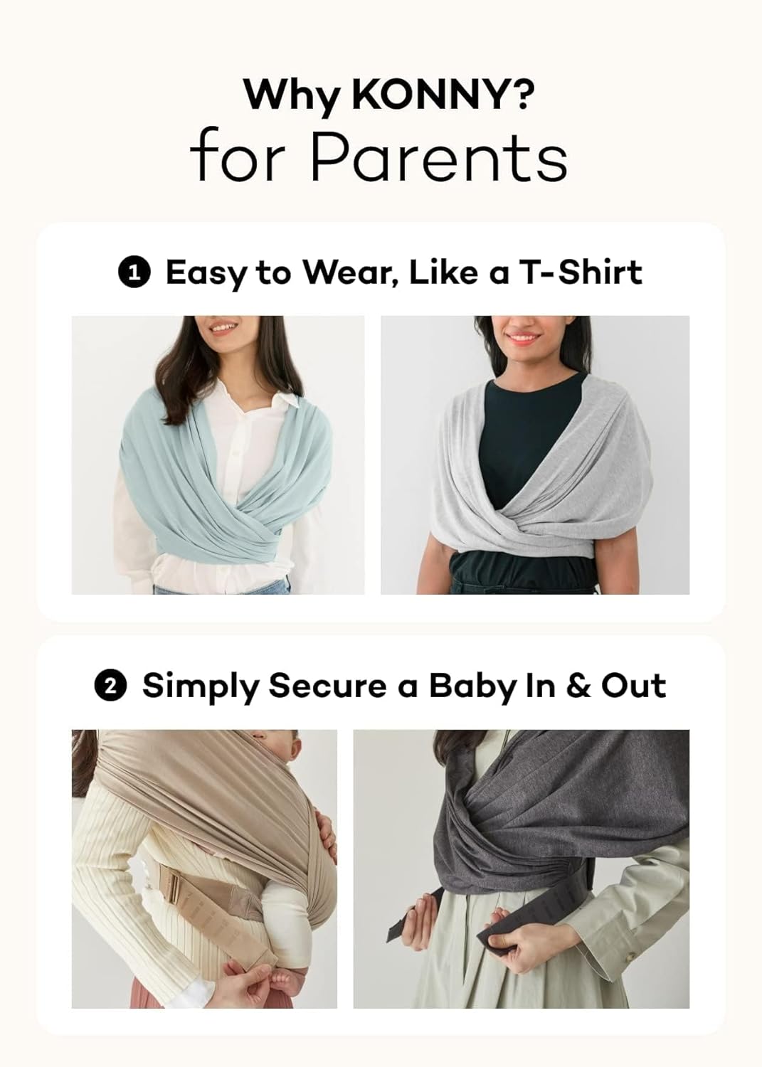 Konny Baby Carrier Flex SoftBreeze with Head Support - Adjustable, Easy to Wear Baby Wrap Sling, Perfect for Newborn Babies Essentials up to 44 lbs (M-4XL) - Beige