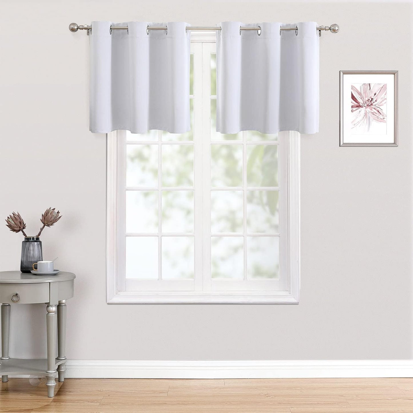 ChrisDowa Small Kitchen Valances for Windows - Grommet Short Thermal Insulated Room Darkening Window Valances Curtains for Living Room (2 Panels, Greyish White, 42 x 18 Inch)