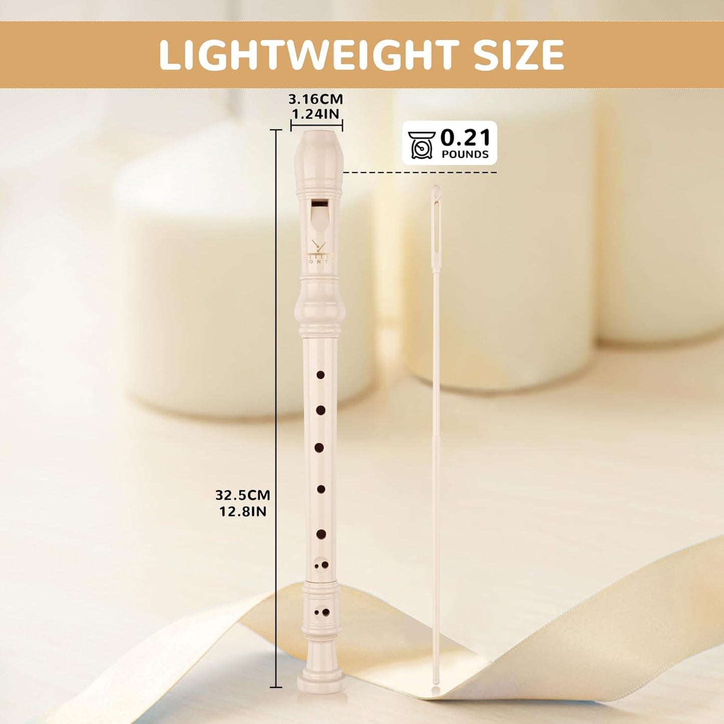 Soprano Recorder 8-Hole Instrument for Beginners Kids Students, Baroque Style C Key Flute with Cleaning Rod & acking Bag for Education & Entertainment - Beige