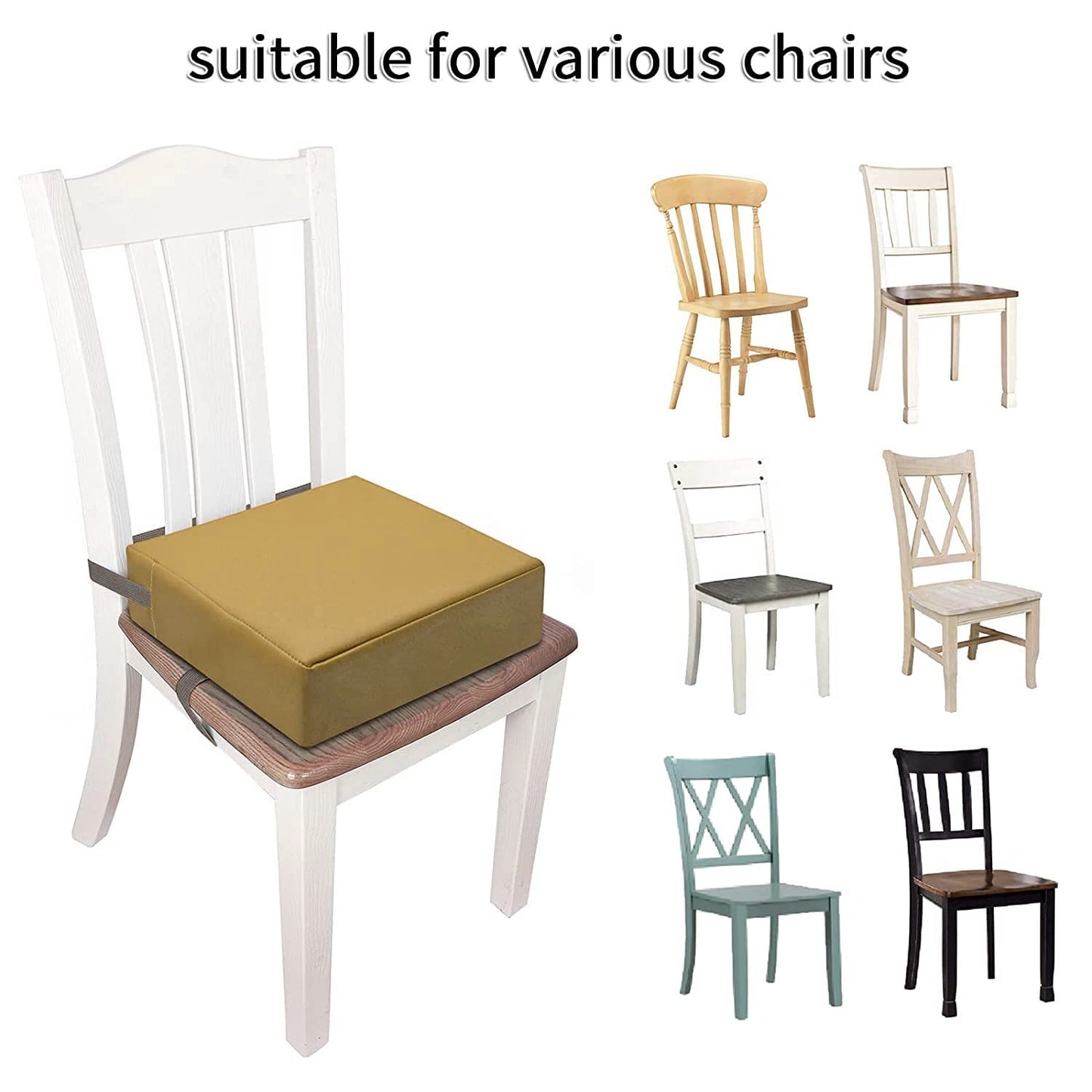 Toddler Booster Seat for Dining Table, PU Washable Double Safe Straps Non-Slip Bottom Booster Seat Dining Toddler, Portable Travel Increasing Cushion (Khaki)